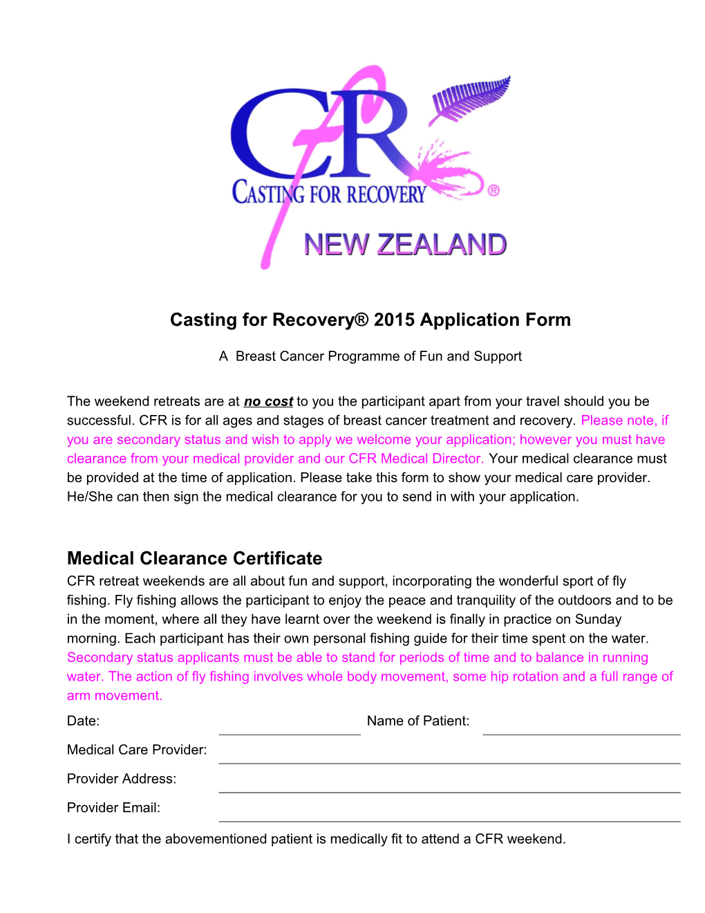 Casting for Recovery 2015 Application Form