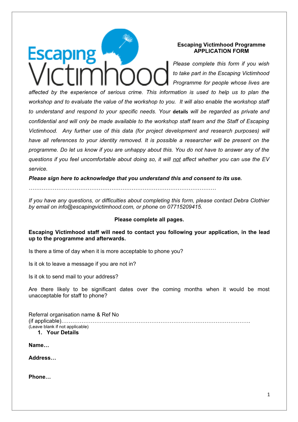 Escaping Victimhood Programme APPLICATION FORM