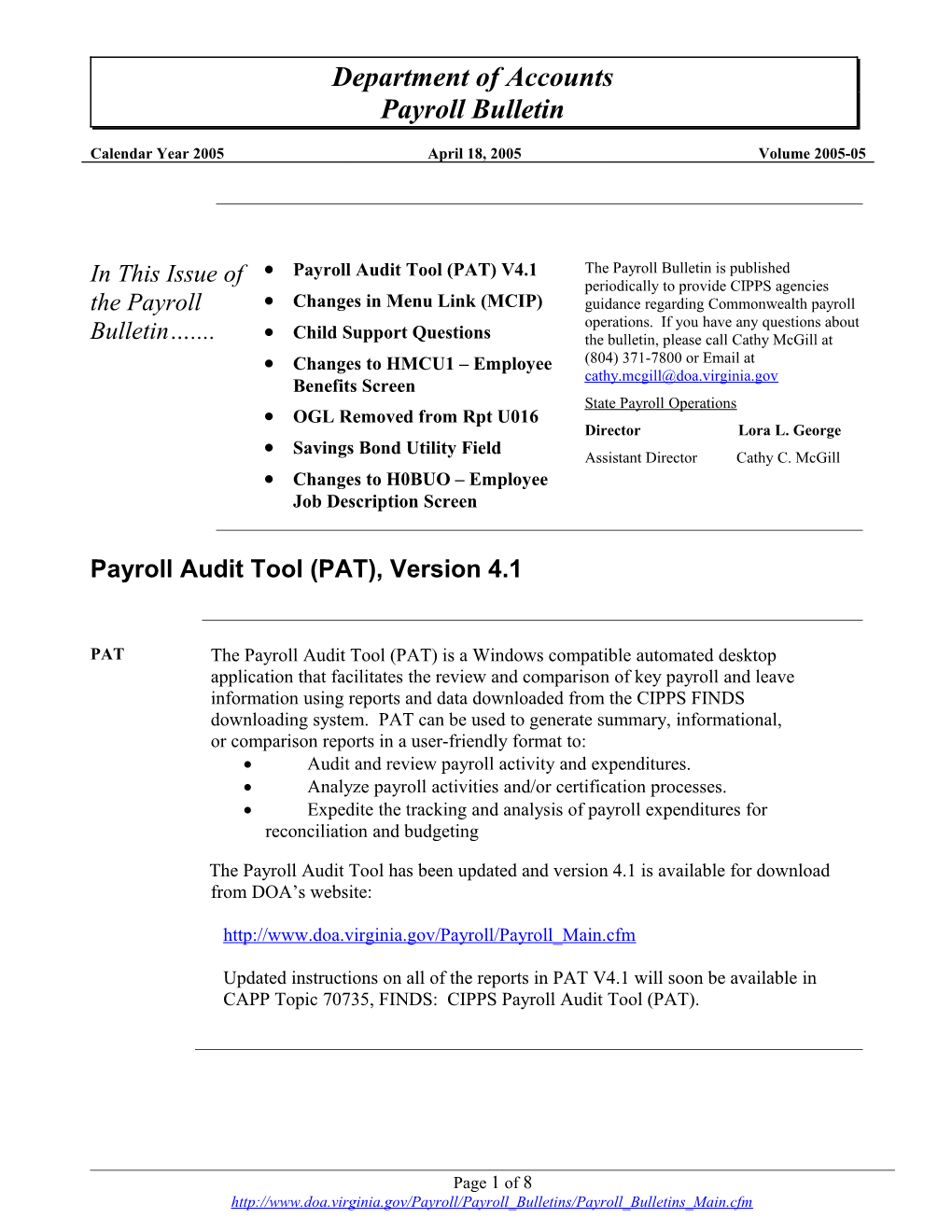 Payroll Bulletin, Volume 2005-05
