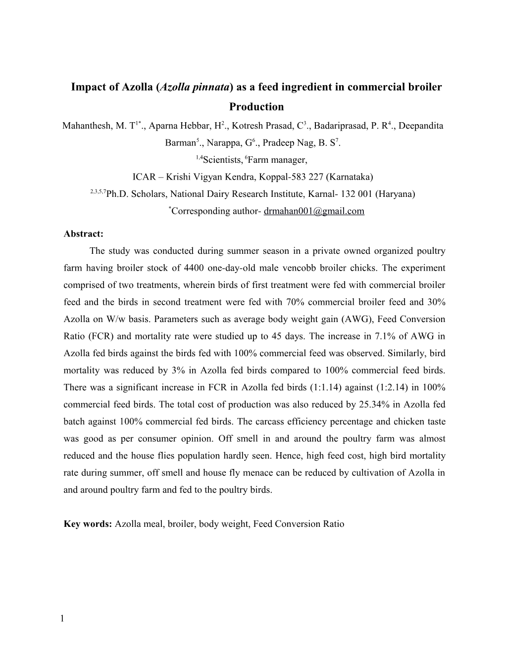 Impact of Azolla(Azollapinnata) As a Feed Ingredient in Commercial Broiler Production