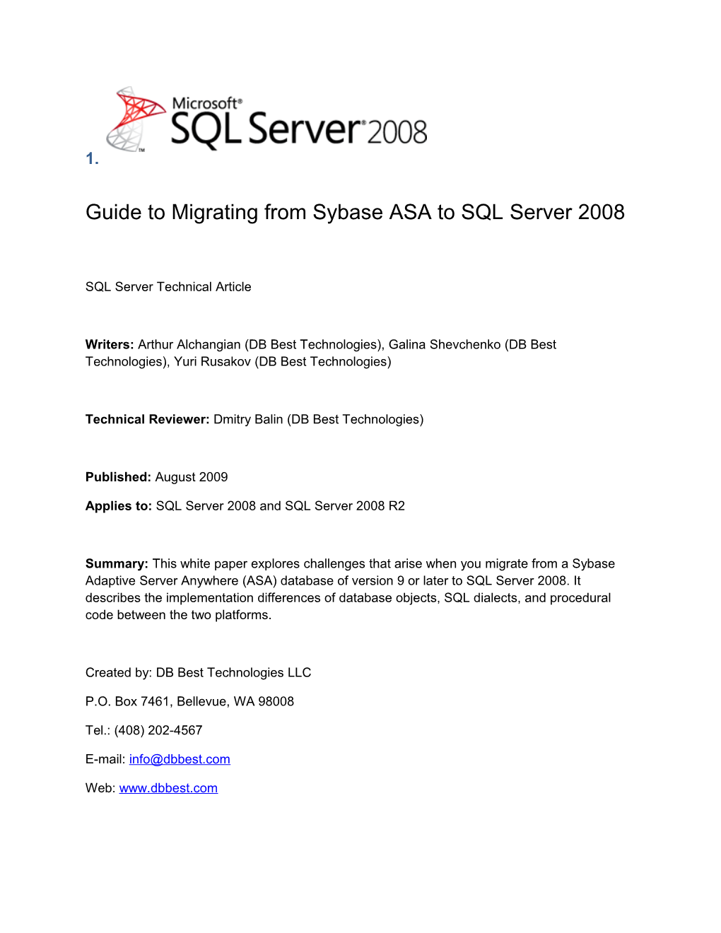 Guide to Migrating from Sybase ASA to SQL Server 2008