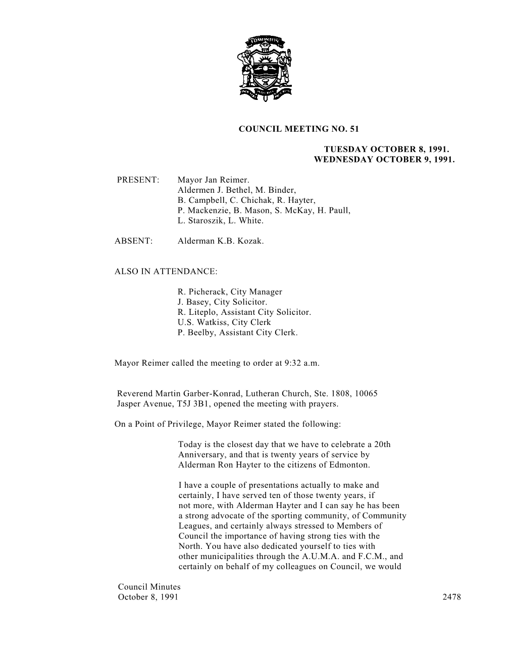 Minutes for City Council October 8, 1991 Meeting