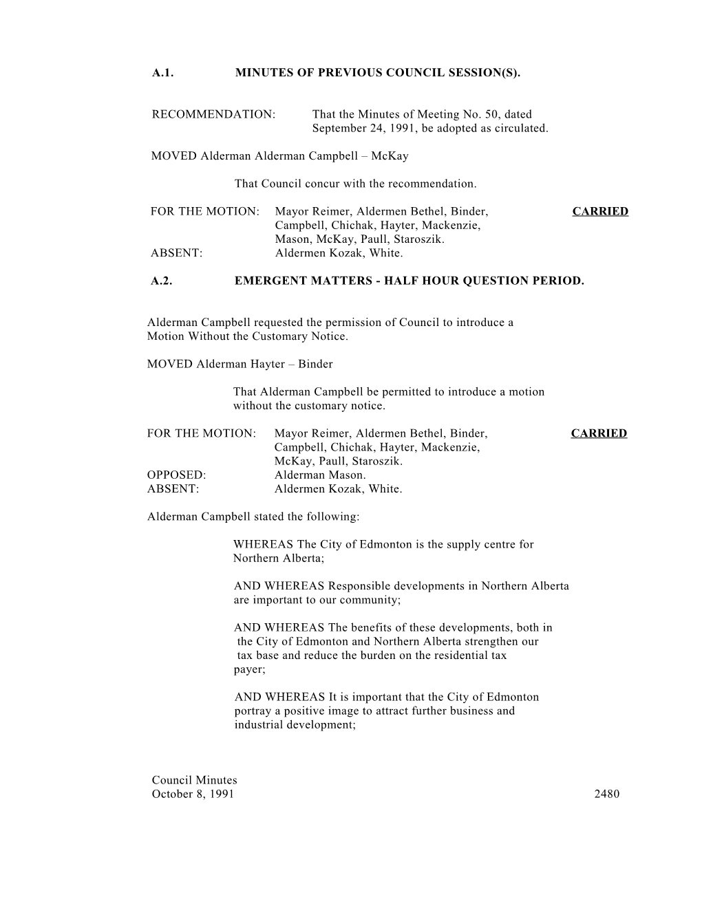 Minutes for City Council October 8, 1991 Meeting