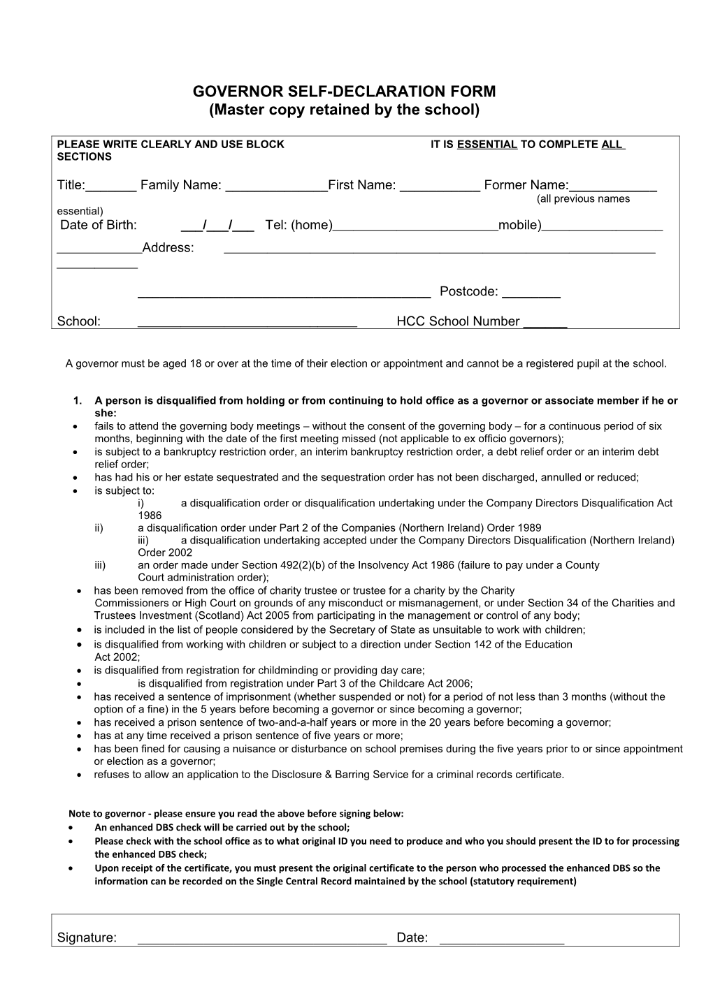 Governor Pre-Appointment Check Declaration Form