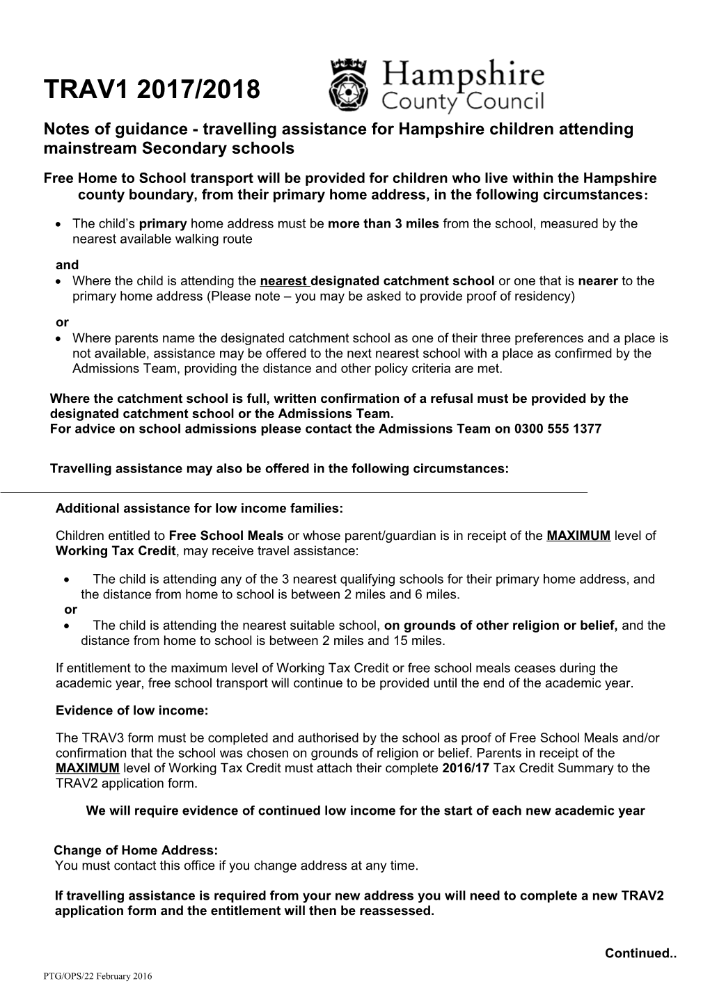 Notes of Guidance - Travelling Assistance for Hampshire Children Attending Mainstream