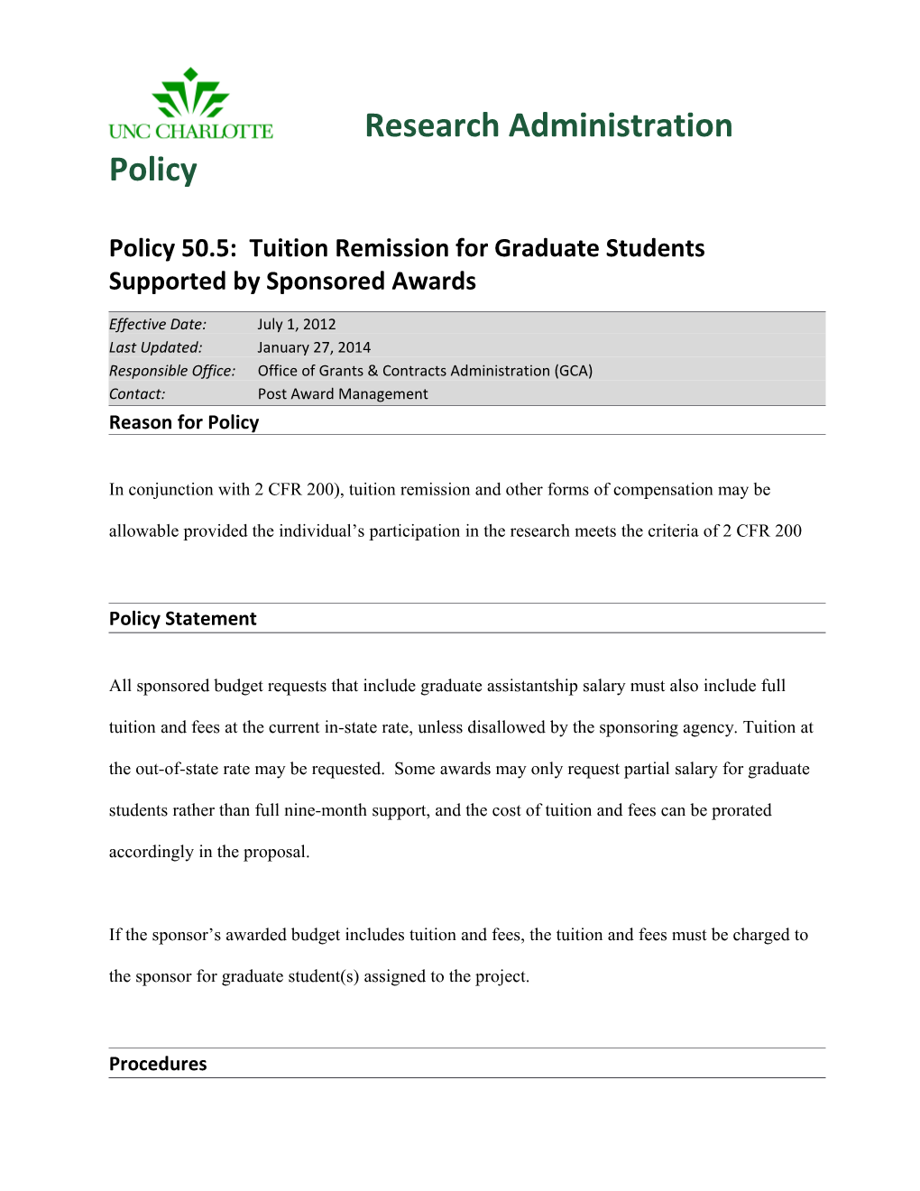 Policy 50.5: Tuition Remission for Graduate Students Supported by Sponsored Awards