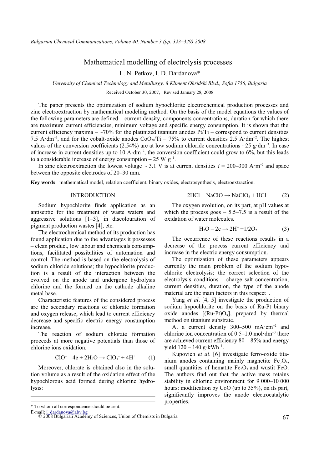 Bulgarian Chemical Communications, Volume 40, Number 3 (Pp. 323 329) 2008