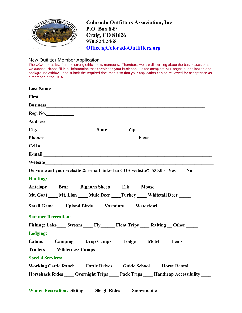 New Outfitter Member Application