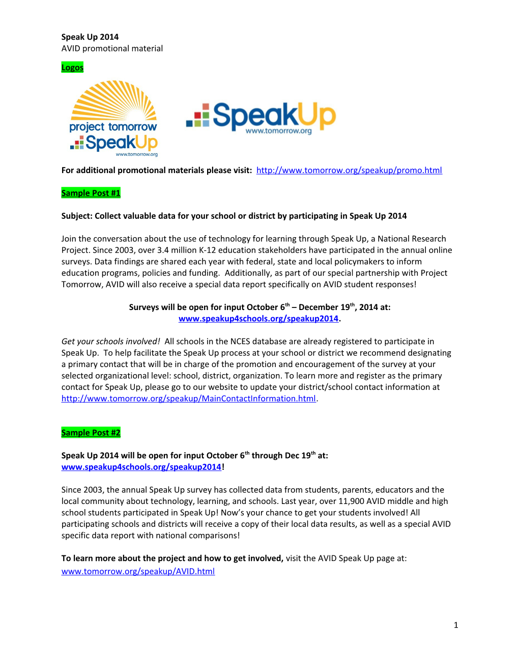 Subject: Collect Valuable Data for Your School Or District by Participating in Speak up 2014