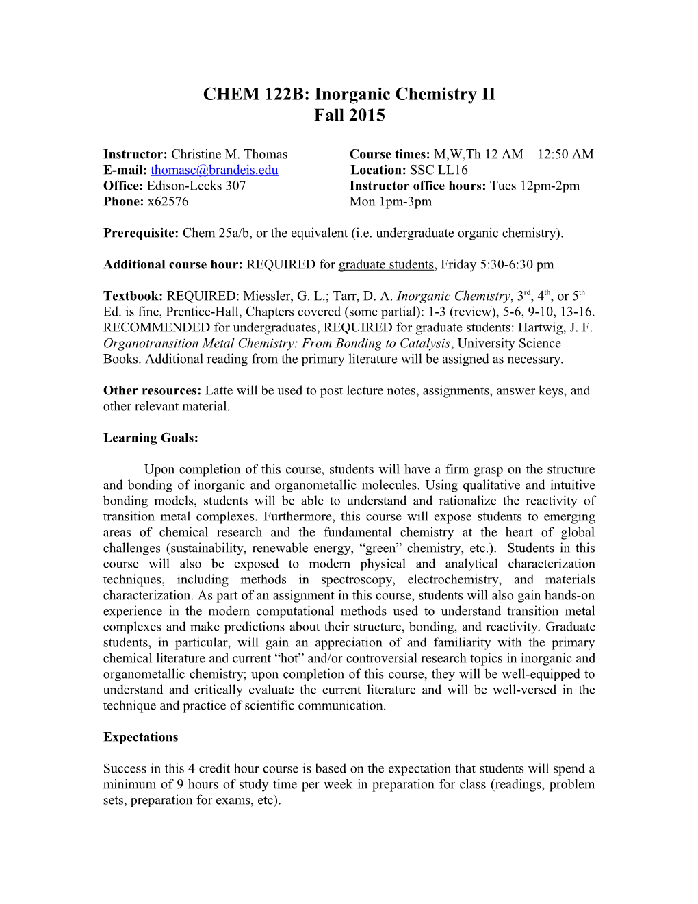 CHEM 122B: Inorganic Chemistry II