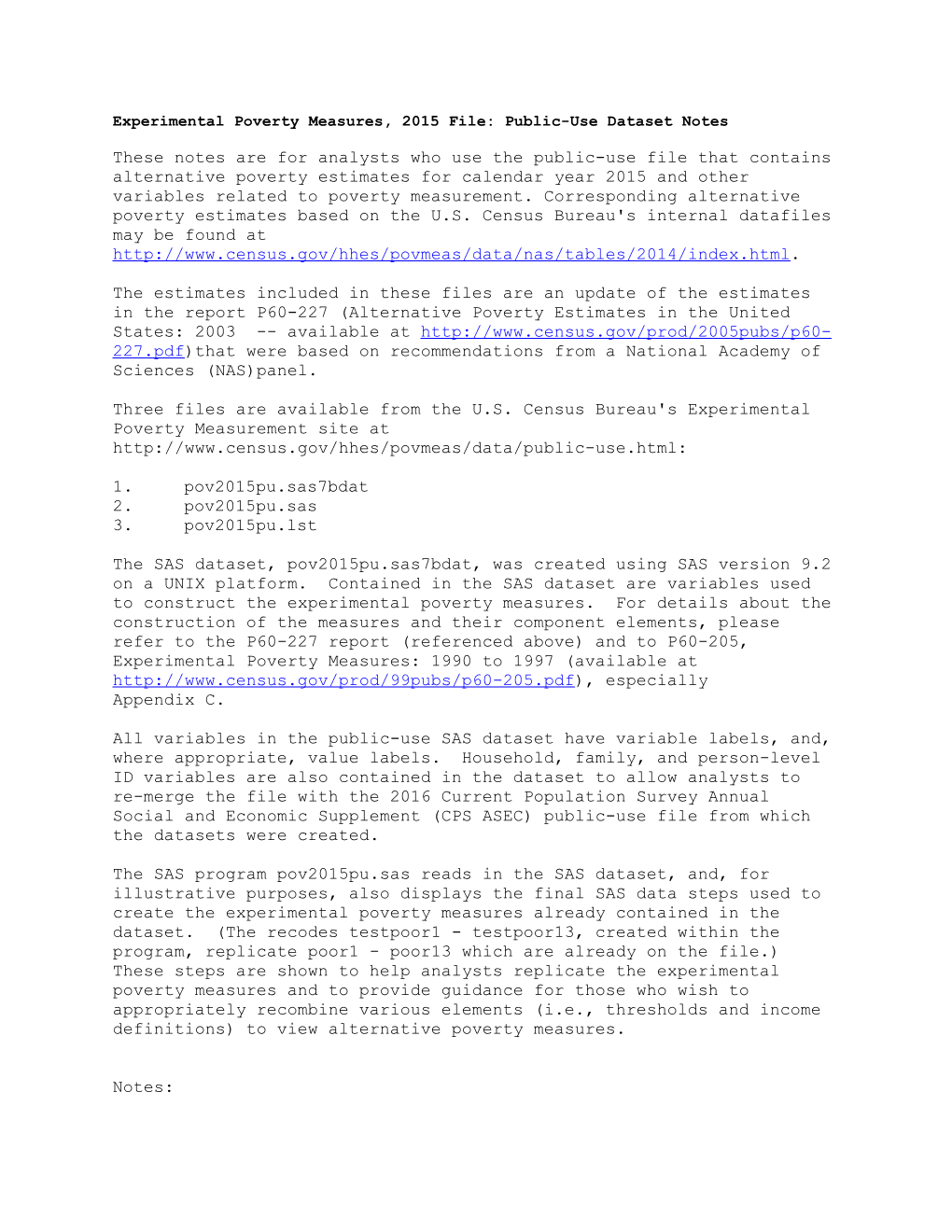 Experimental Poverty Measures, 2015 File: Public-Use Dataset Notes