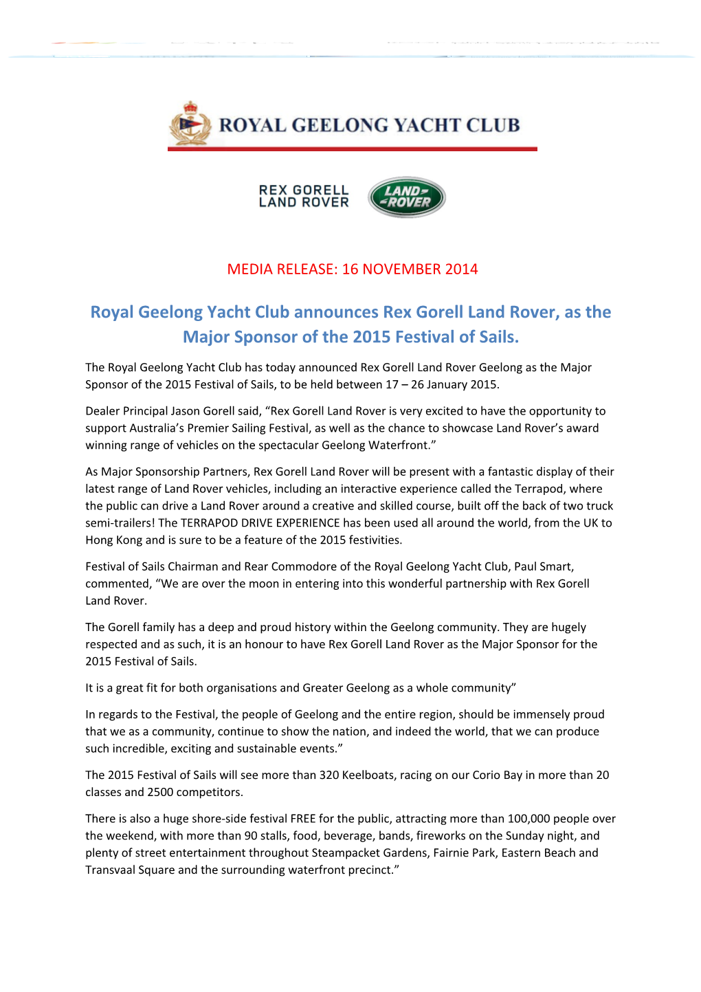 Royal Geelong Yacht Club Announces Rex Gorell Land Rover, As the Major Sponsor of The