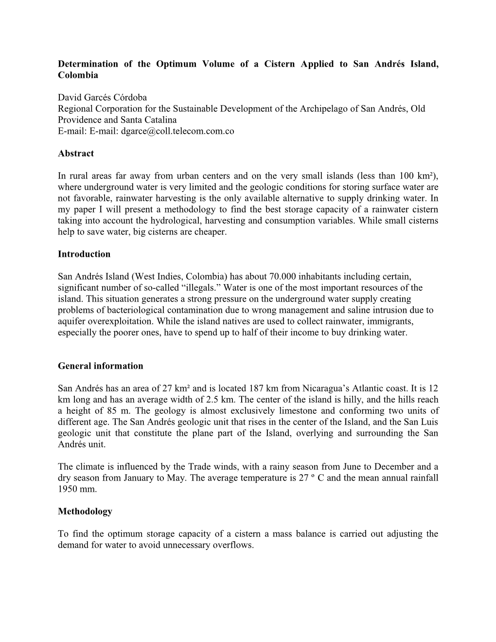 Determination of the Optimum Volume of a Cistern Applied to San Andrés Island, Colombia