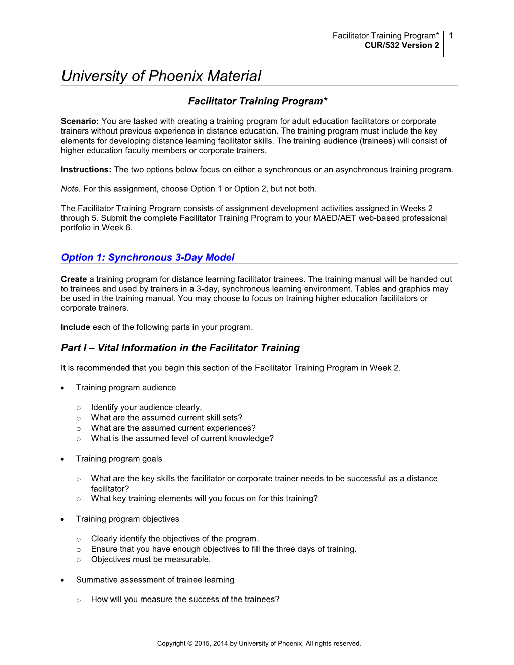 Facilitator Training Program* CUR/532 Version 2