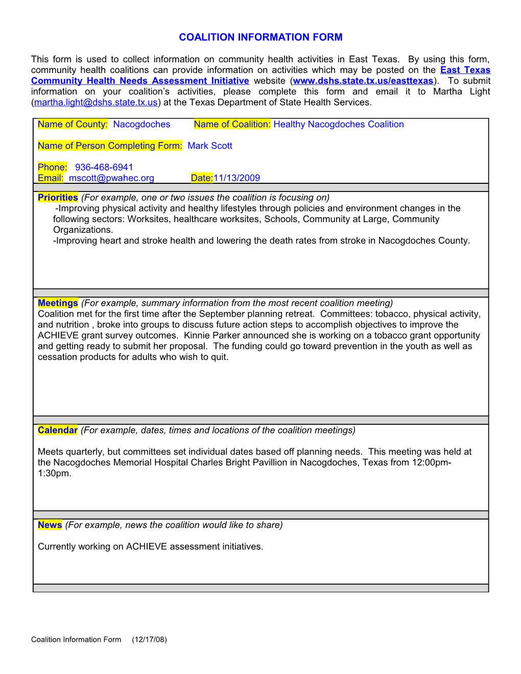 Coalition Information Form