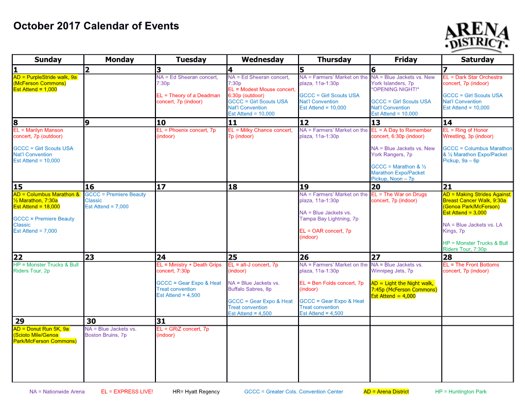 October 2017 Calendar of Events
