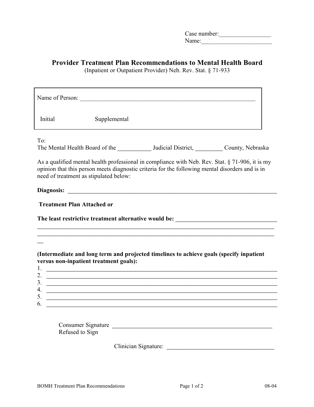 Provider Treatment Plan Recommendations to Mental Health Board