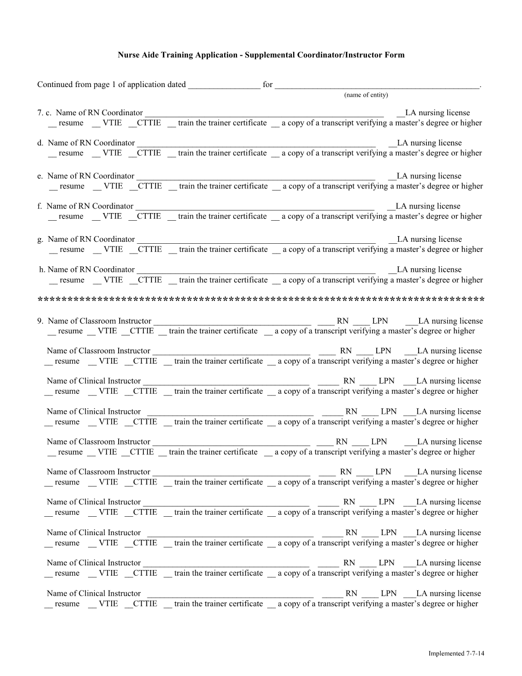 Nurse Aide Training Application - Supplemental Coordinator/Instructor Form