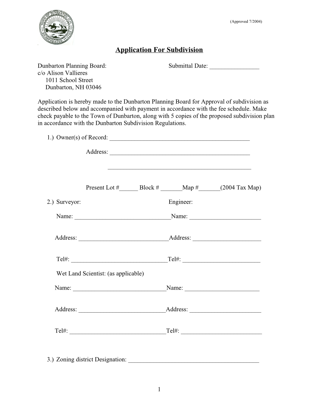 Application for Subdivision