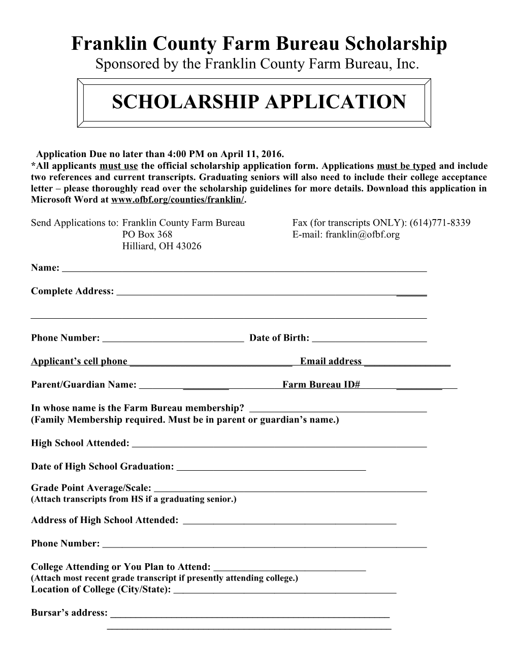 Franklin County Farm Bureau Scholarship