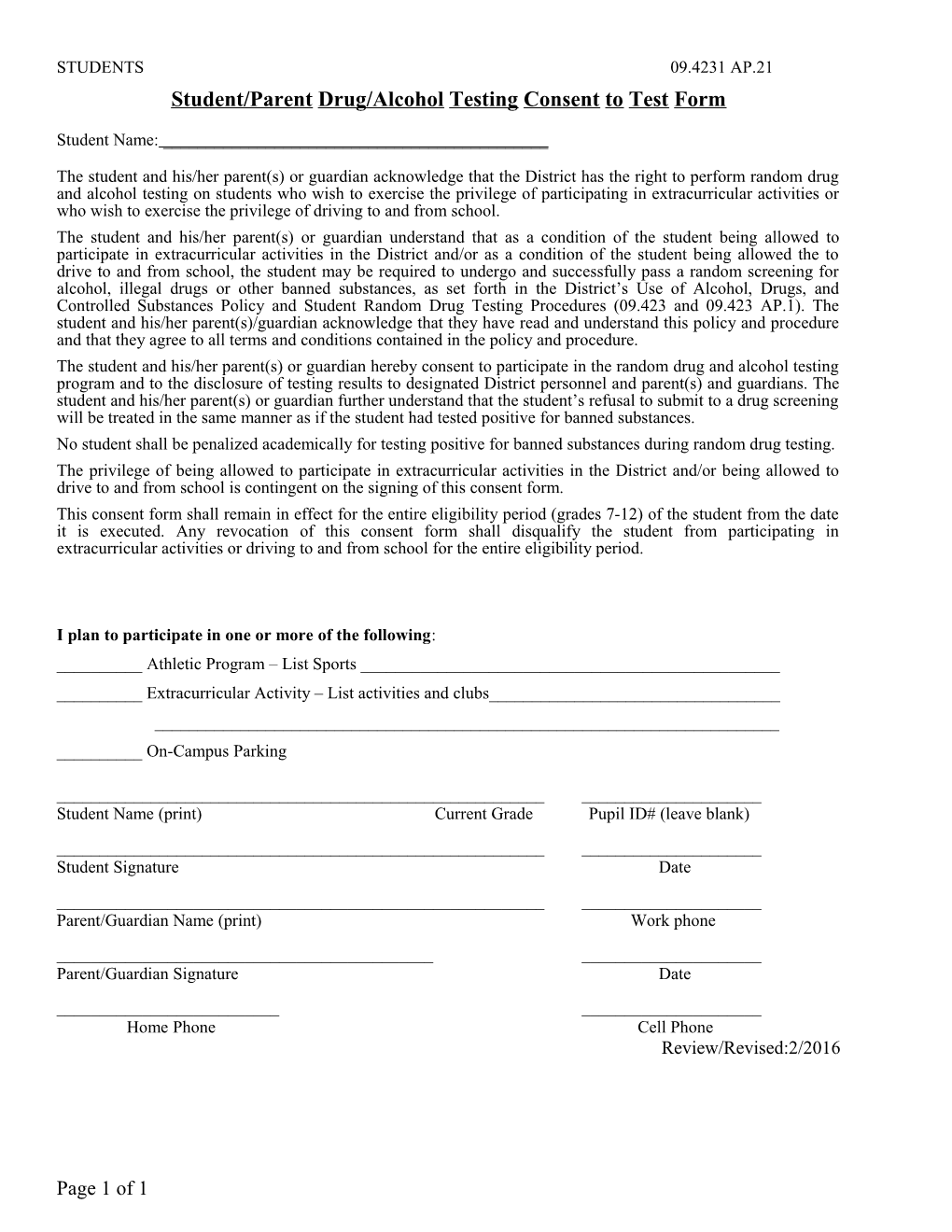 Student/Parent Drug/Alcohol Testing Consent to Test Form