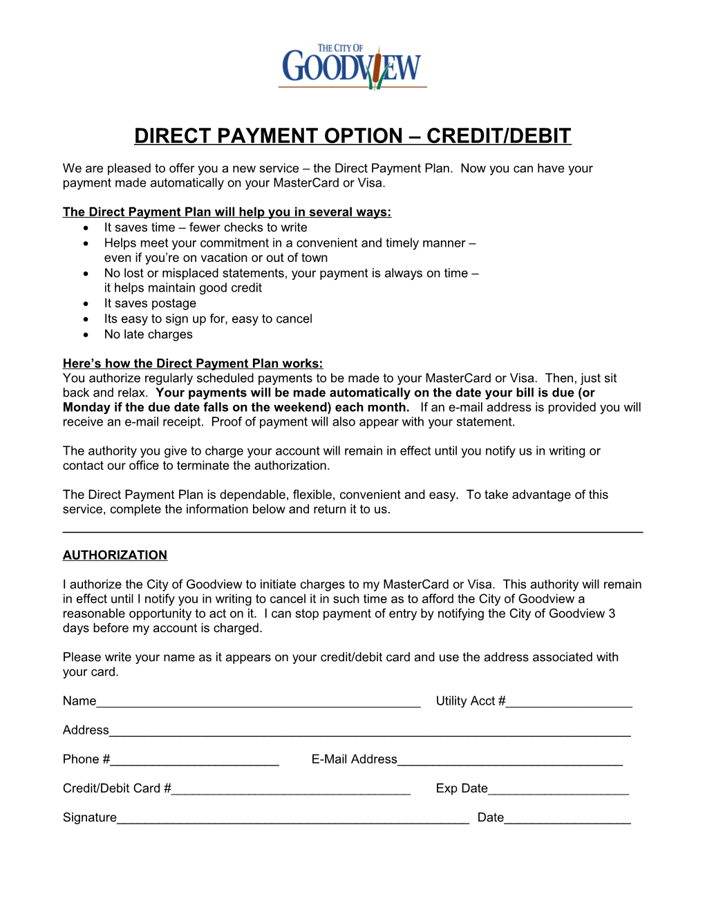 We Are Pleased to Offer You a New Service the Direct Payment Plan