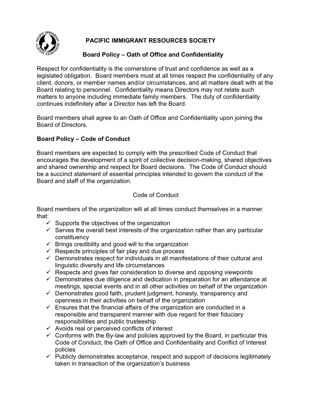 Board Policy Oath of Office and Confidentiality