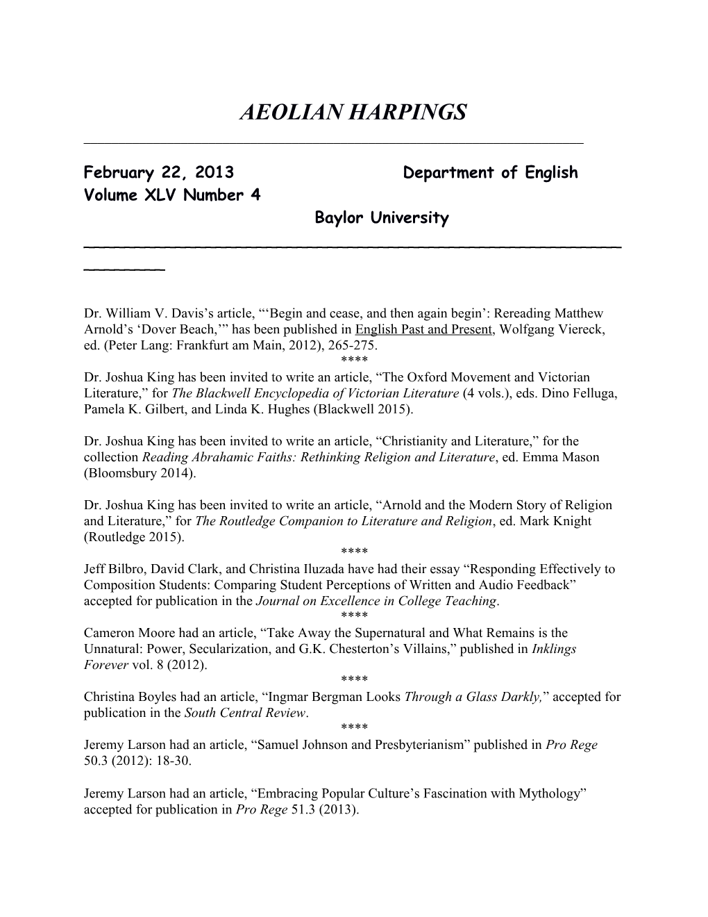 February 22, 2013 Department of English Volume XLV Number 4