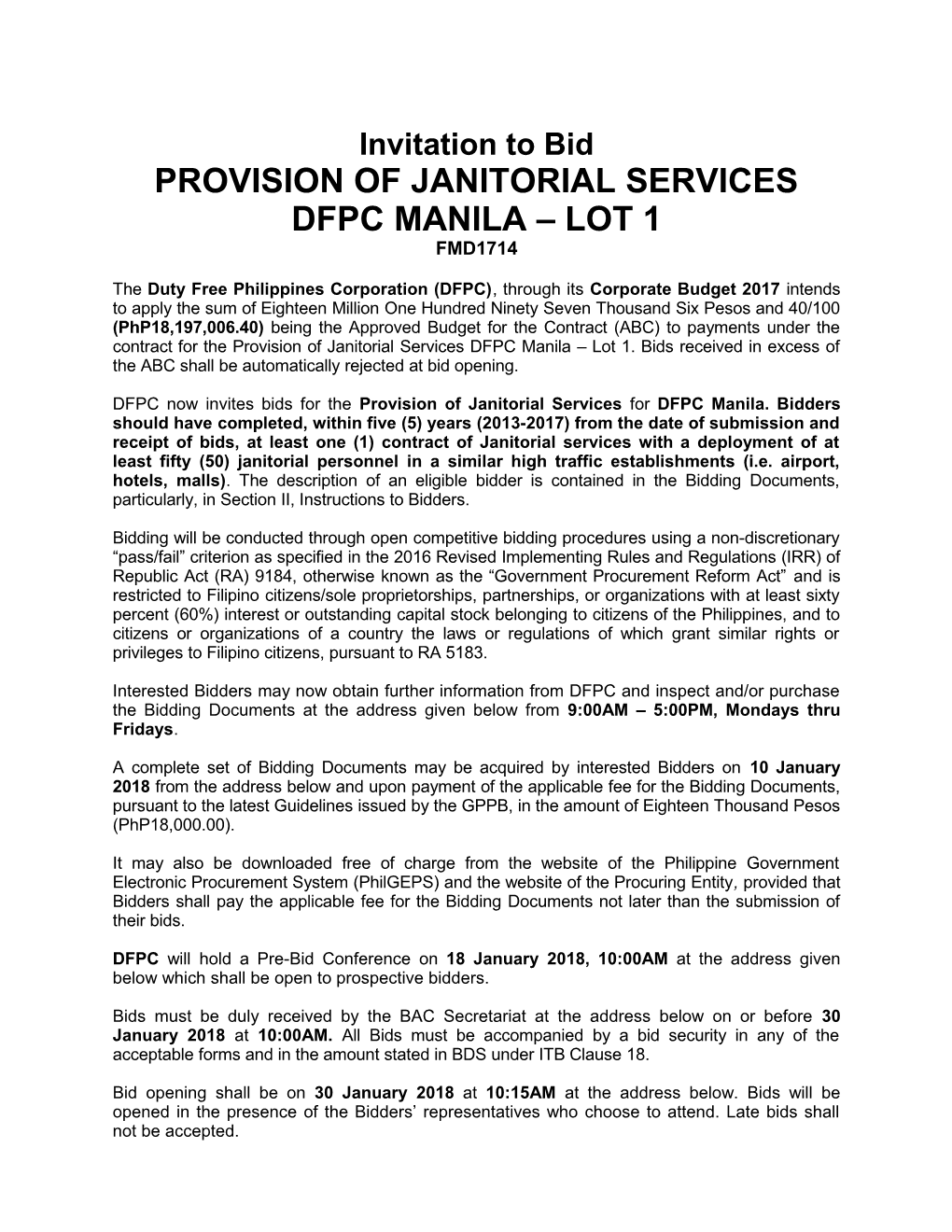 Provision of Janitorial Services Dfpc Manila Lot 1