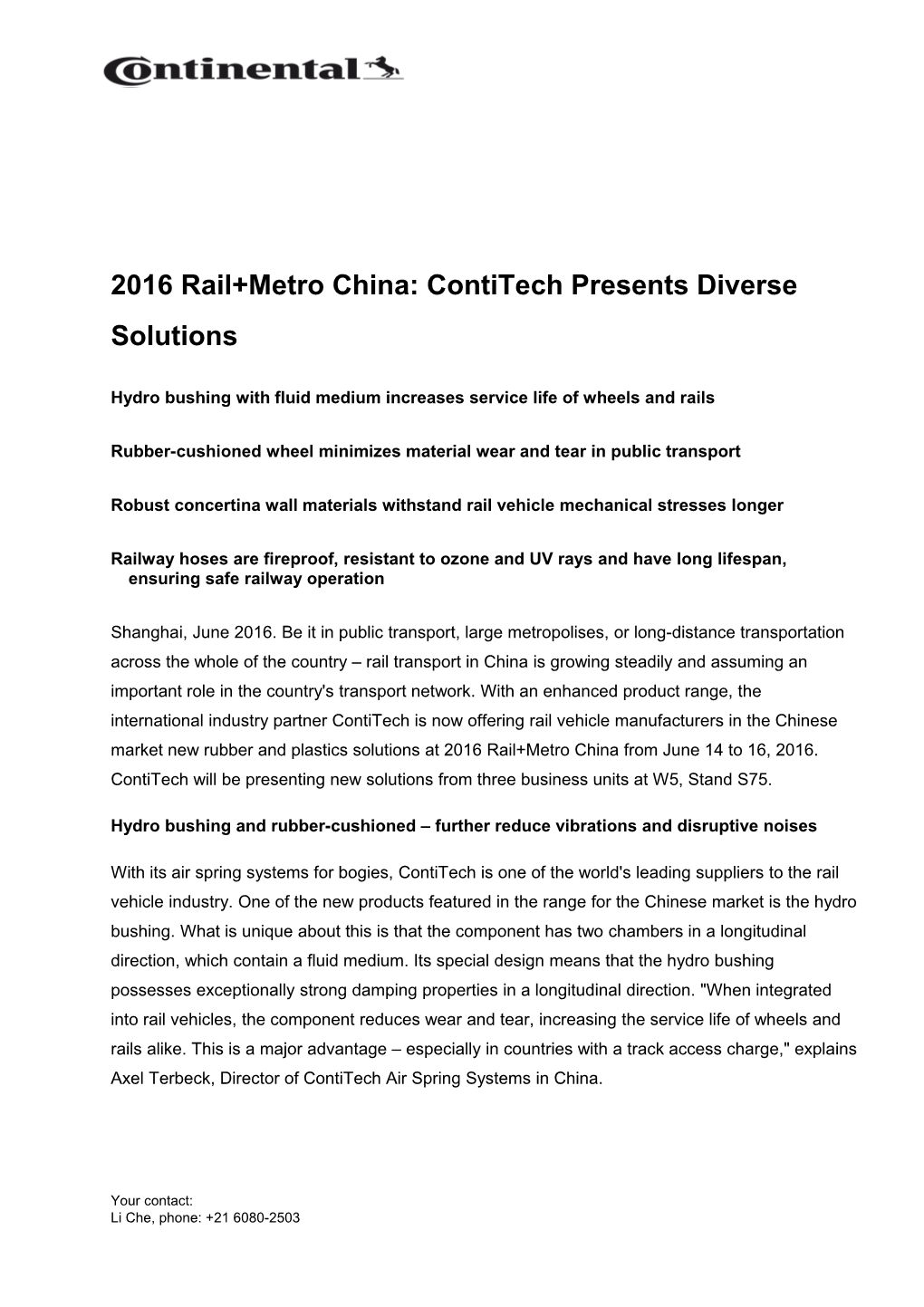 2016 Rail+Metro China: Contitech Presents Diverse Solutions