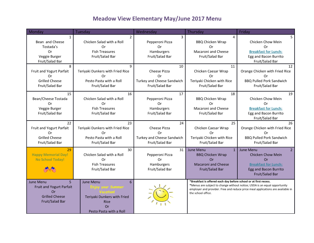 Meadow View Elementary May/June 2017 Menu