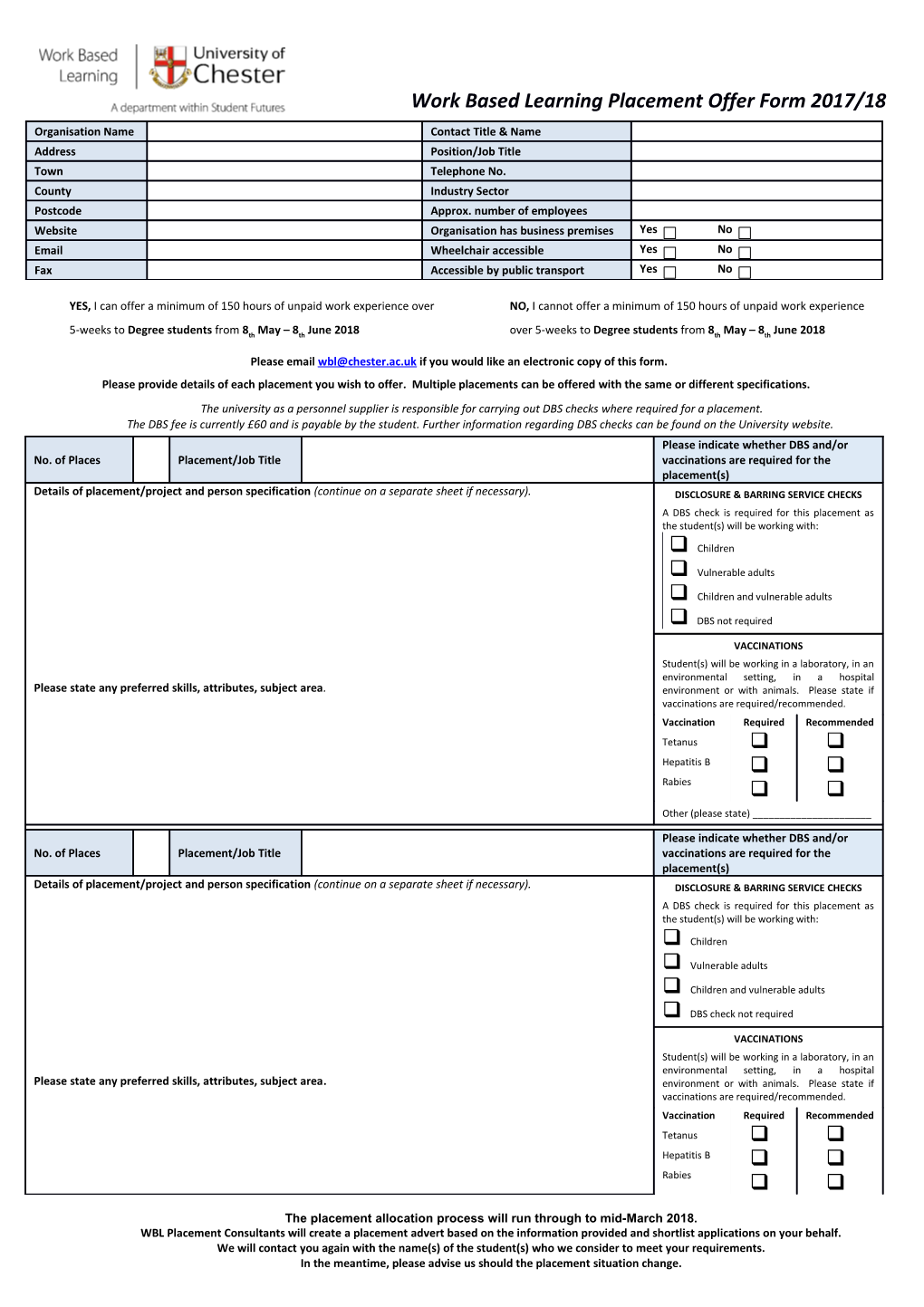 Work Based Learning Placement Offer Form 2017/18