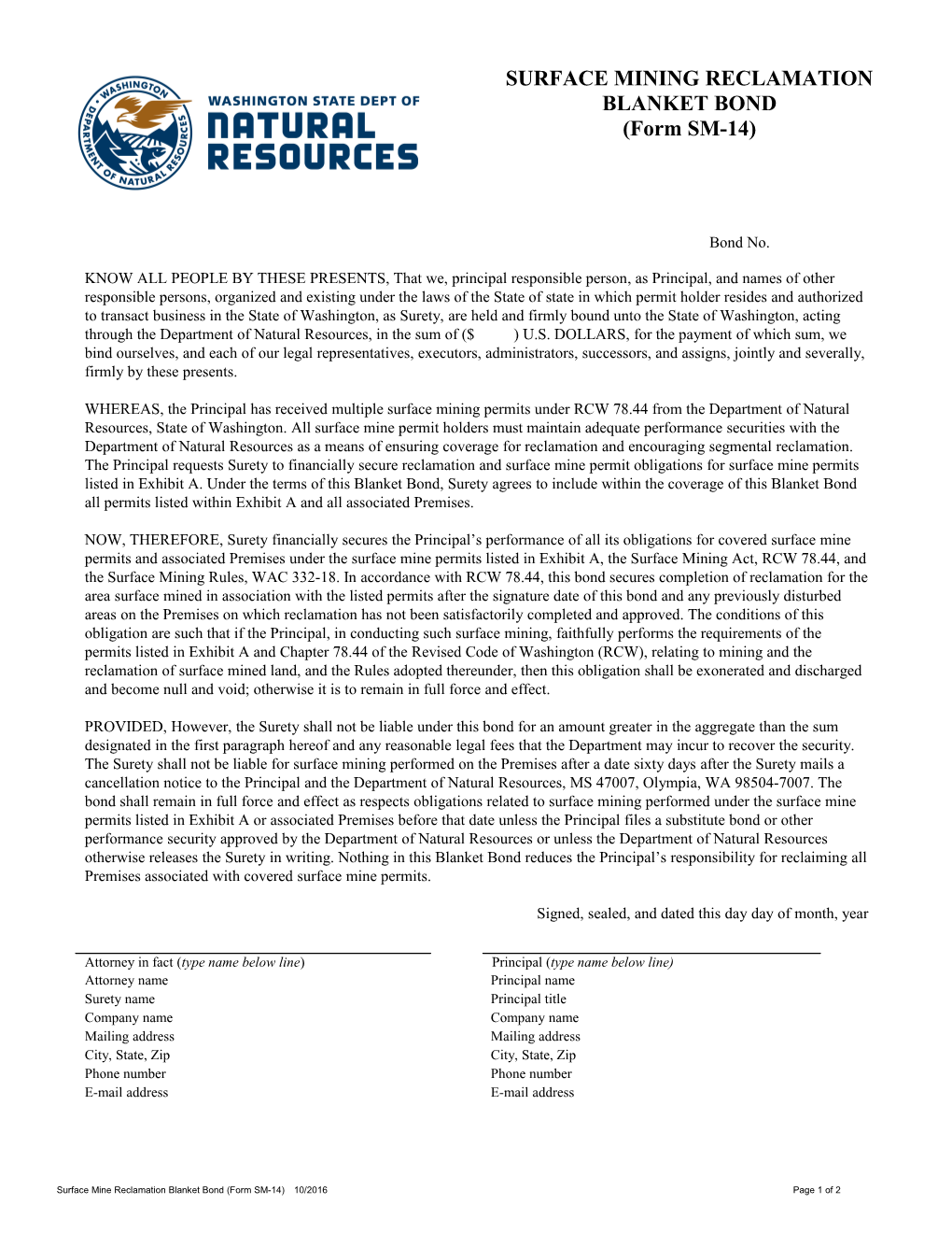 Surface Mine Reclamation Blanket Bond (Form SM-14) 10/2016 Page 1 of 2