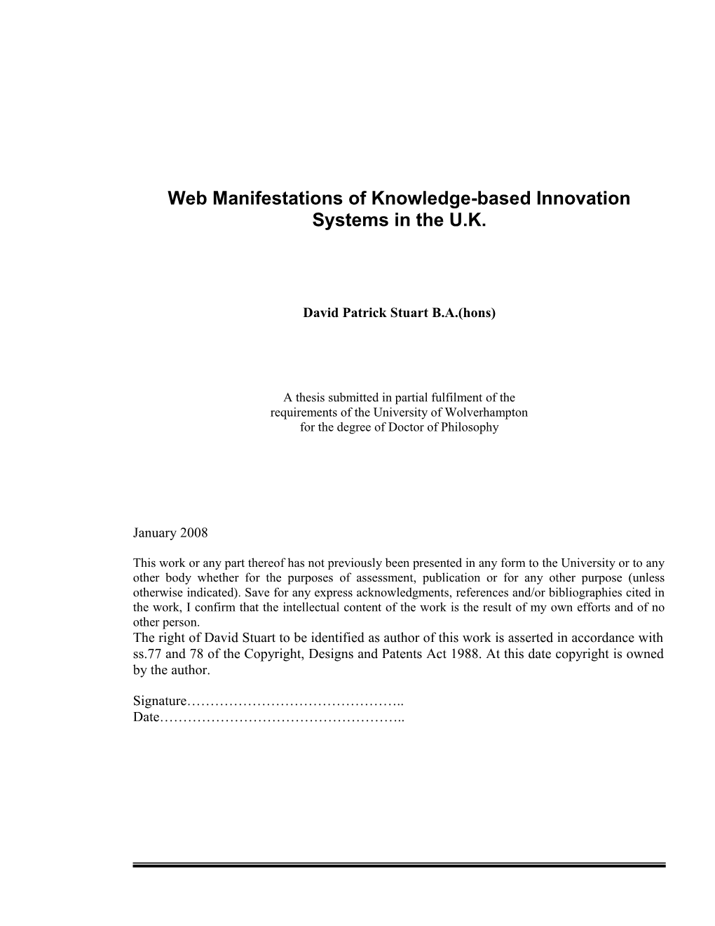 Web Manifestations of Knowledge-Based Innovation Systens Ub Tge U.K