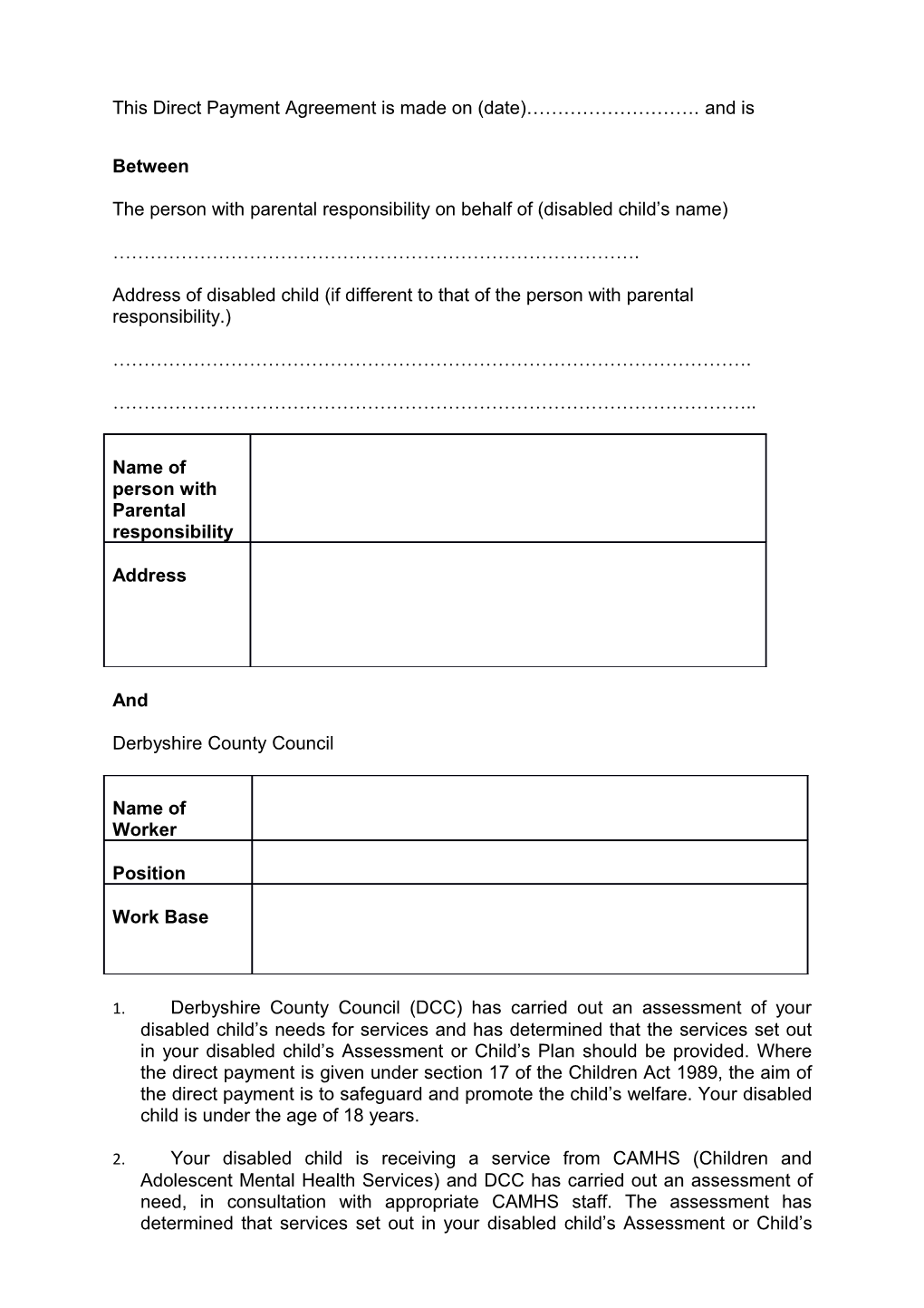 Direct Payments Agreement Form