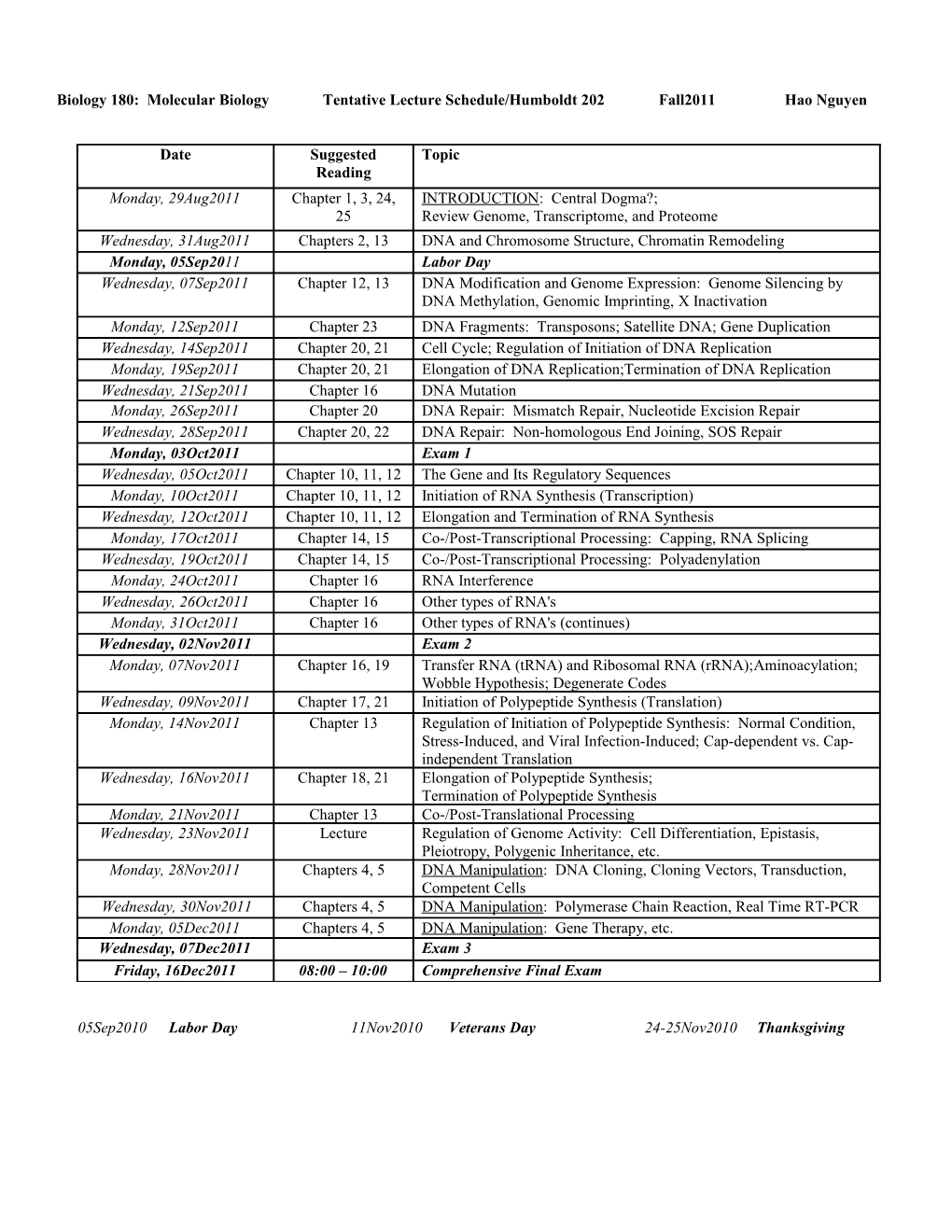Biology 110 Laboratory Schedule