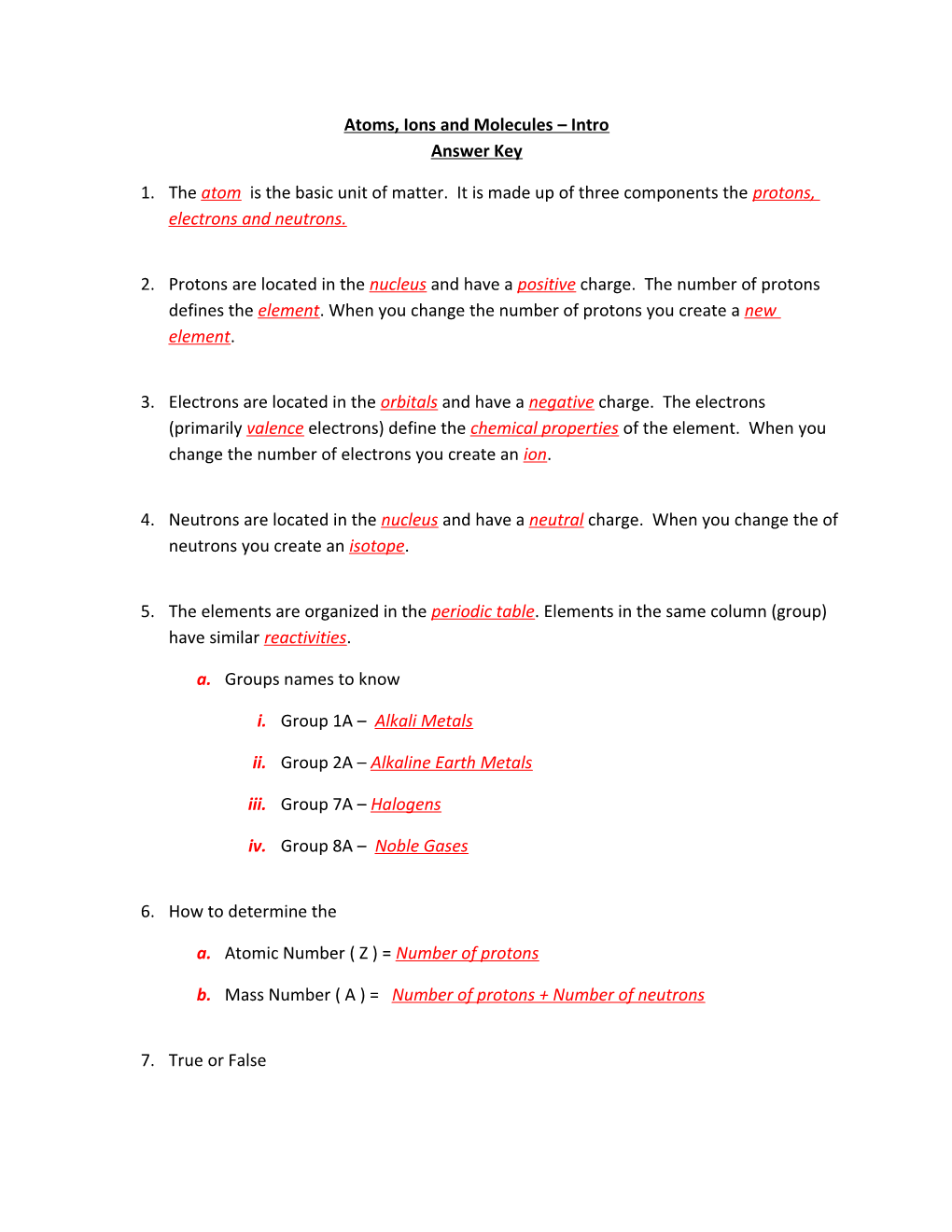 Atoms, Ions and Molecules Intro Answer Key