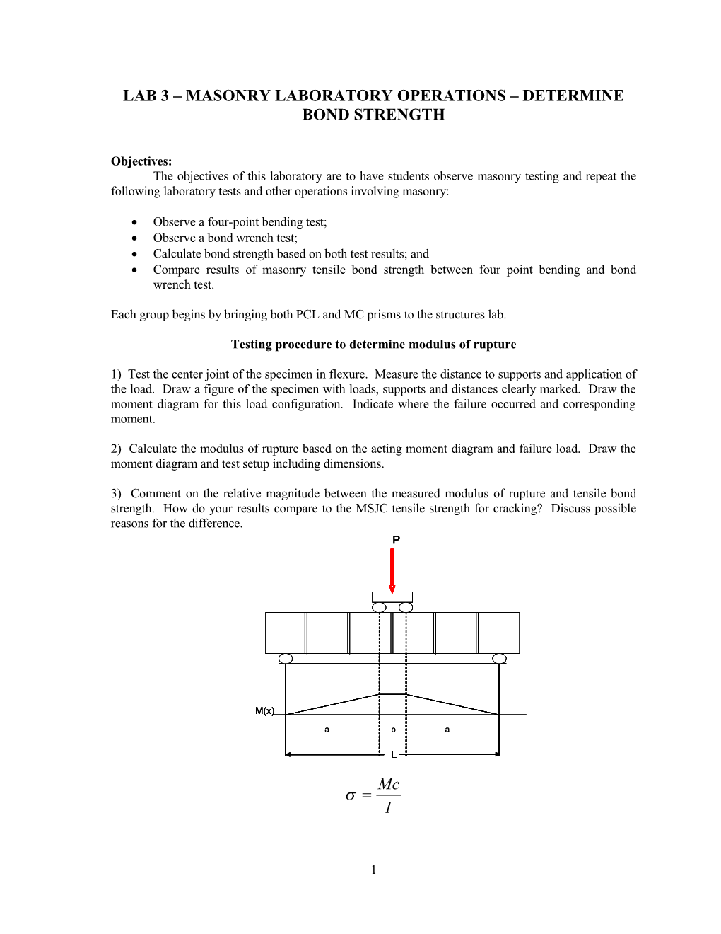 Lab 3 Masonry Laboratory Operations Determine Bond Strength