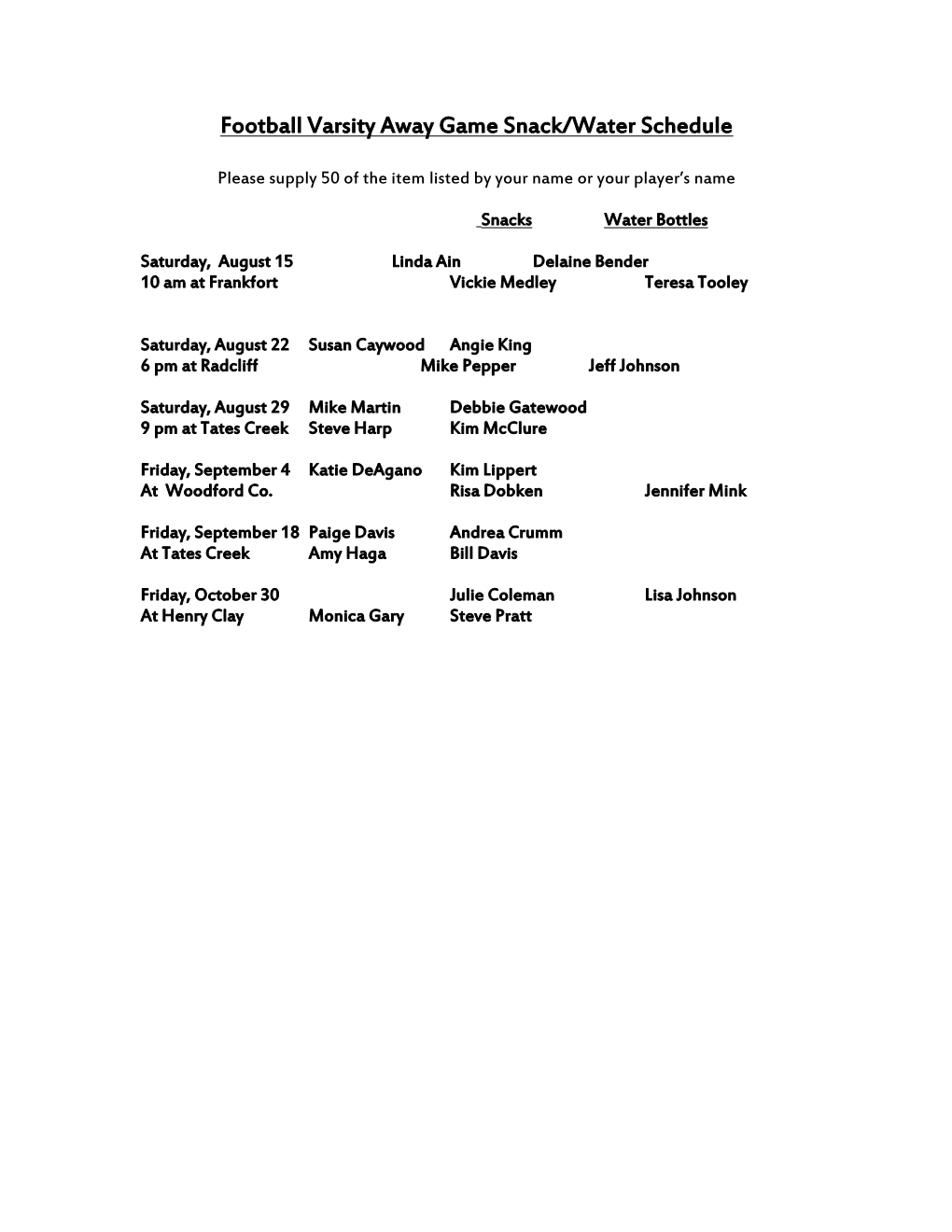 Football Varsity Away Game Snack/Water Schedule