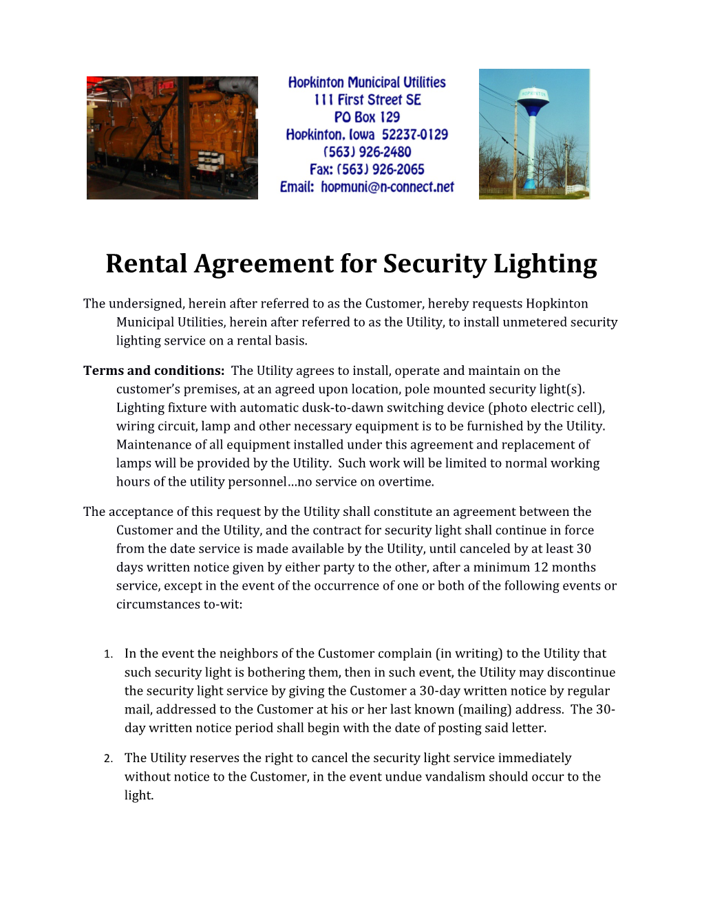 Rental Agreement for Security Lighting