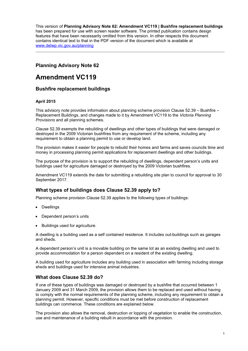 Planning Advisory Note 62: Amendment VC119 Bushfire Replacement Buildings