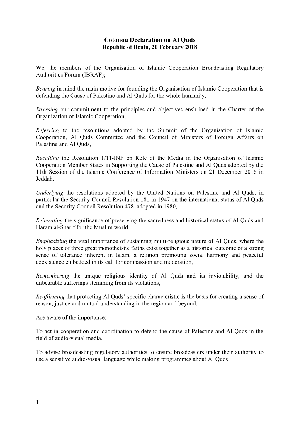 Cotonou Declaration on Al Quds