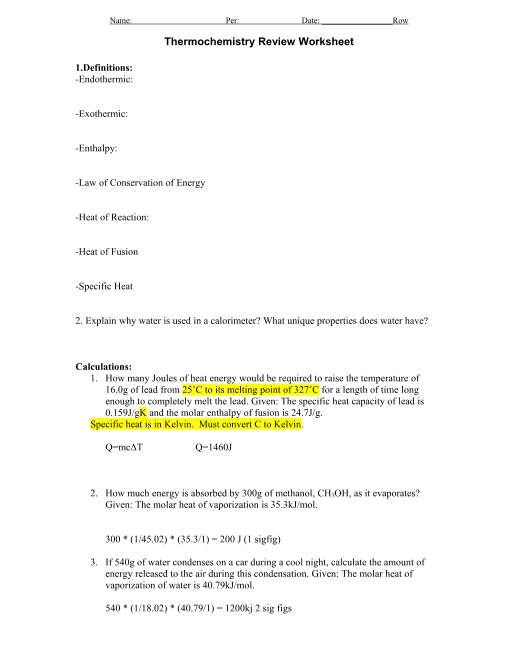 Thermochemistry Review Worksheet