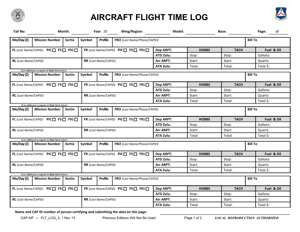 Aircraft Flight Time Log