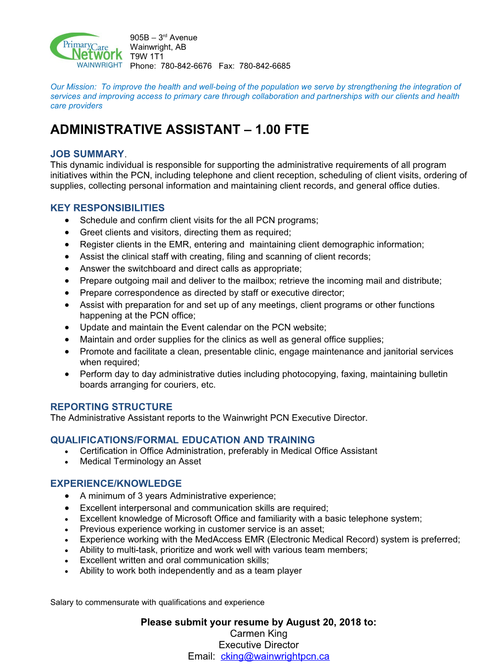 Posting for Administrative Assistant