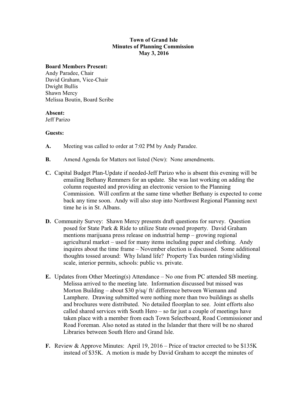 Minutes of Grand Isle Planning Commission November 18, 2014