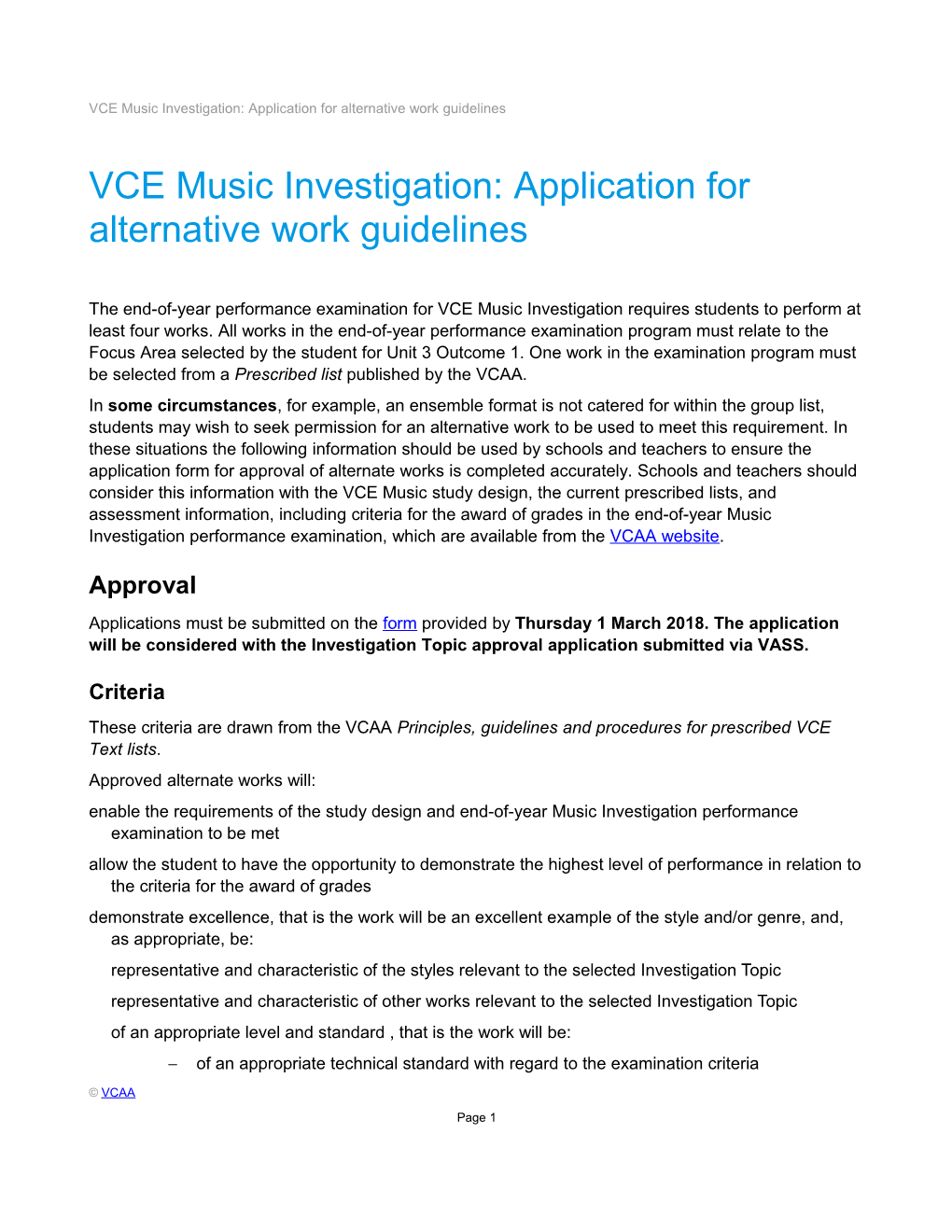 VCE Music Investigation: Application for Alternative Work Guidelines
