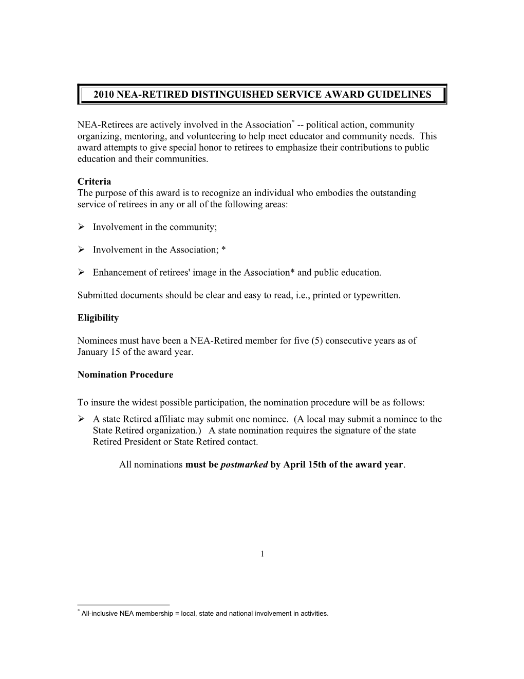 2007 Nea-Retired Distinguished Service Award Guidelines