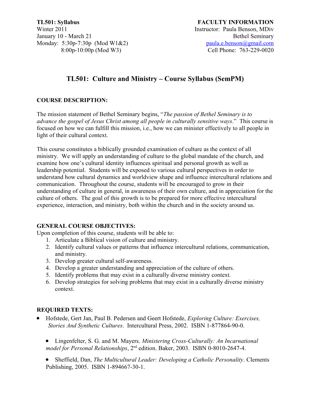 TL501: Syllabus FACULTY INFORMATION