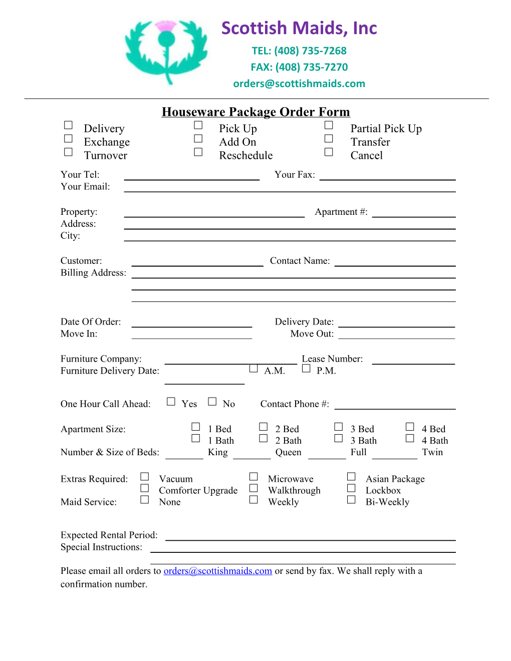 Houseware Package Order Form